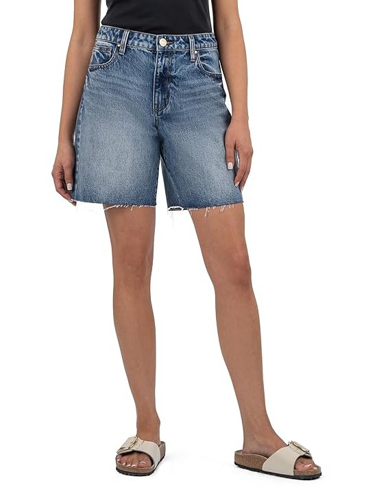 KUT from the Kloth Hailey High Rise Long Bermuda-Basic Raw Hem Womens Jumpsuit & Rompers One Piece Vigor with Dark Base Wash