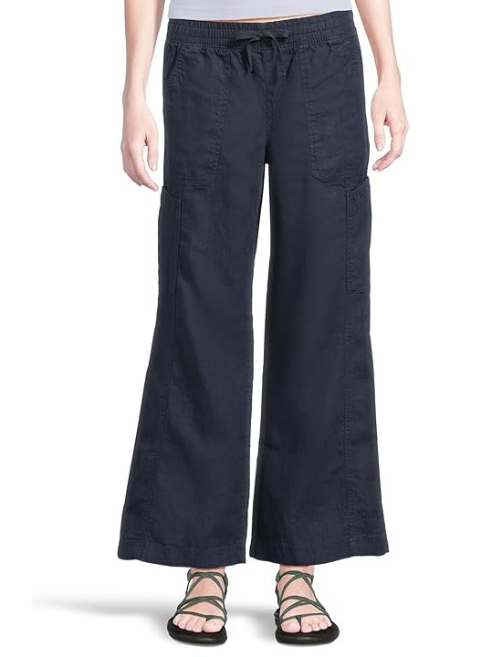 L.L.Bean Premium Linen Breezy Mid-Rise Wide Leg Utility Pull-On Pants Womens Casual Pants Classic Navy