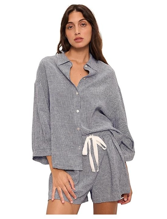 Eberjey Linen Blend Relaxed Shorts Womens, Gingham White, Navy